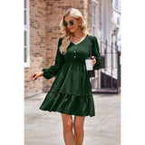 Button Puff Sleeve Hem Ruffle High Waist Dress - MVTFASHION