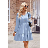 Button Puff Sleeve Hem Ruffle High Waist Dress - MVTFASHION