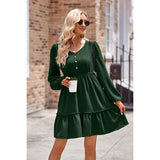 Button Puff Sleeve Hem Ruffle High Waist Dress - MVTFASHION