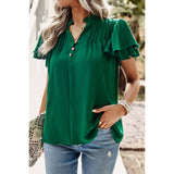 Button Solid Ruched Ruffle Sleeve Loose Fit Blouse - MVTFASHION