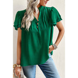 Button Solid Ruched Ruffle Sleeve Loose Fit Blouse - MVTFASHION