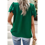 Button Solid Ruched Ruffle Sleeve Loose Fit Blouse - MVTFASHION