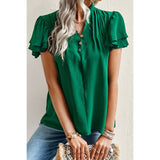 Button Solid Ruched Ruffle Sleeve Loose Fit Blouse - MVTFASHION