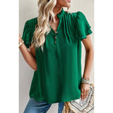 Button Solid Ruched Ruffle Sleeve Loose Fit Blouse - MVTFASHION