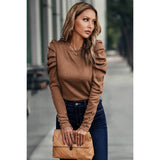 Button Tirm Ruched Sleeves Solid Fit Top - MVTFASHION