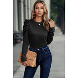 Button Tirm Ruched Sleeves Solid Fit Top - MVTFASHION