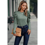 Button Tirm Ruched Sleeves Solid Fit Top - MVTFASHION