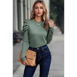 Button Tirm Ruched Sleeves Solid Fit Top - MVTFASHION