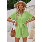 Button Trim V Neck Knit Solid Fit Romper - MVTFASHION.COM