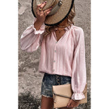 Button V Neck Ruffle Sleeve Solid Blouse - MVTFASHION