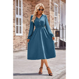 Button V Neck Solid Fit High Waist Midi Dress - MVTFASHION