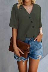 Buttoned Comfort V-Neck Blouse - MVTFASHION