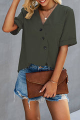 Buttoned Comfort V-Neck Blouse - MVTFASHION