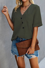 Buttoned Comfort V-Neck Blouse - MVTFASHION