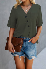 Buttoned Comfort V-Neck Blouse - MVTFASHION