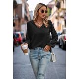 Chevron V Neck Long Sleeve Loose Top - MVTFASHION