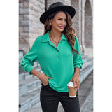 Collared Neck Raglan Sleeve Buttoned Solid Blouse - MVTFASHION