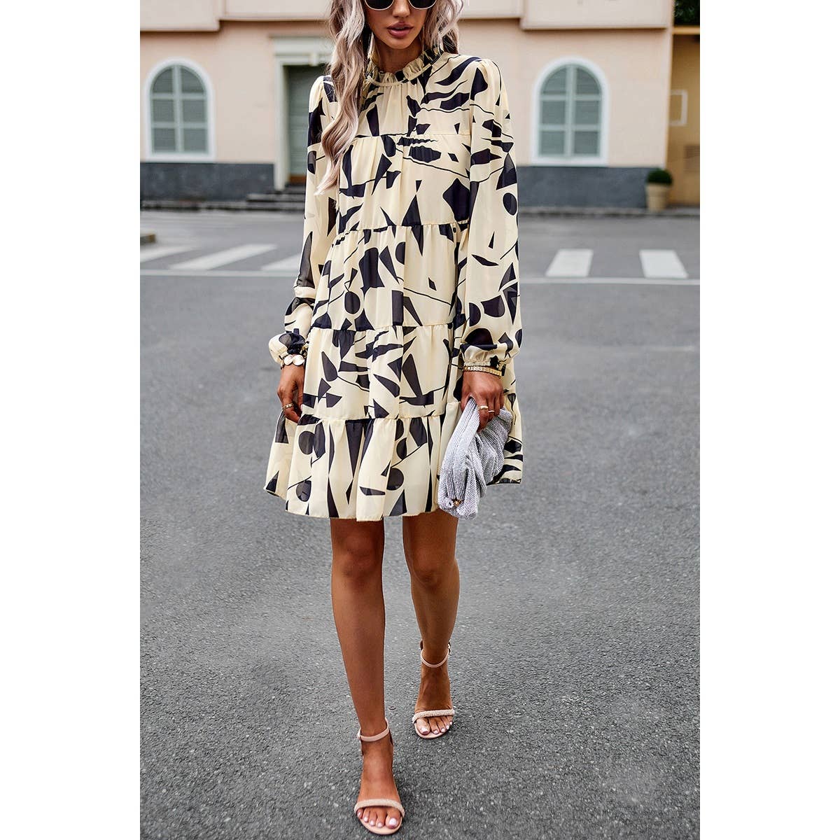 Color Block Hem Ruffle Printing Loose Fit Midi Dress - MVTFASHION