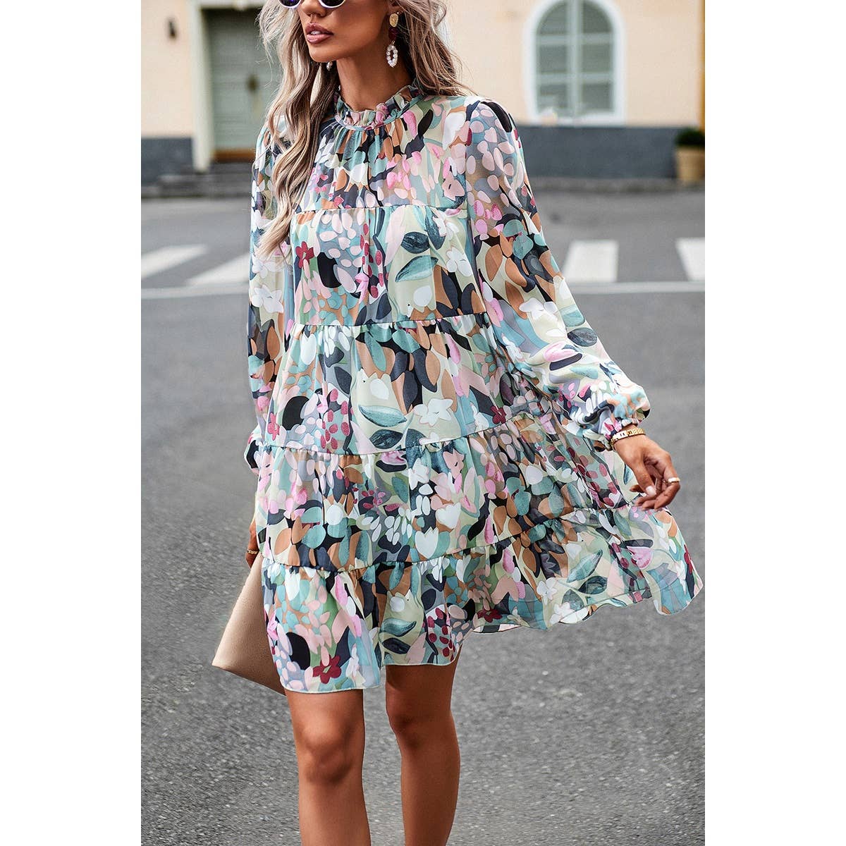 Color Block Hem Ruffle Printing Loose Fit Midi Dress - MVTFASHION