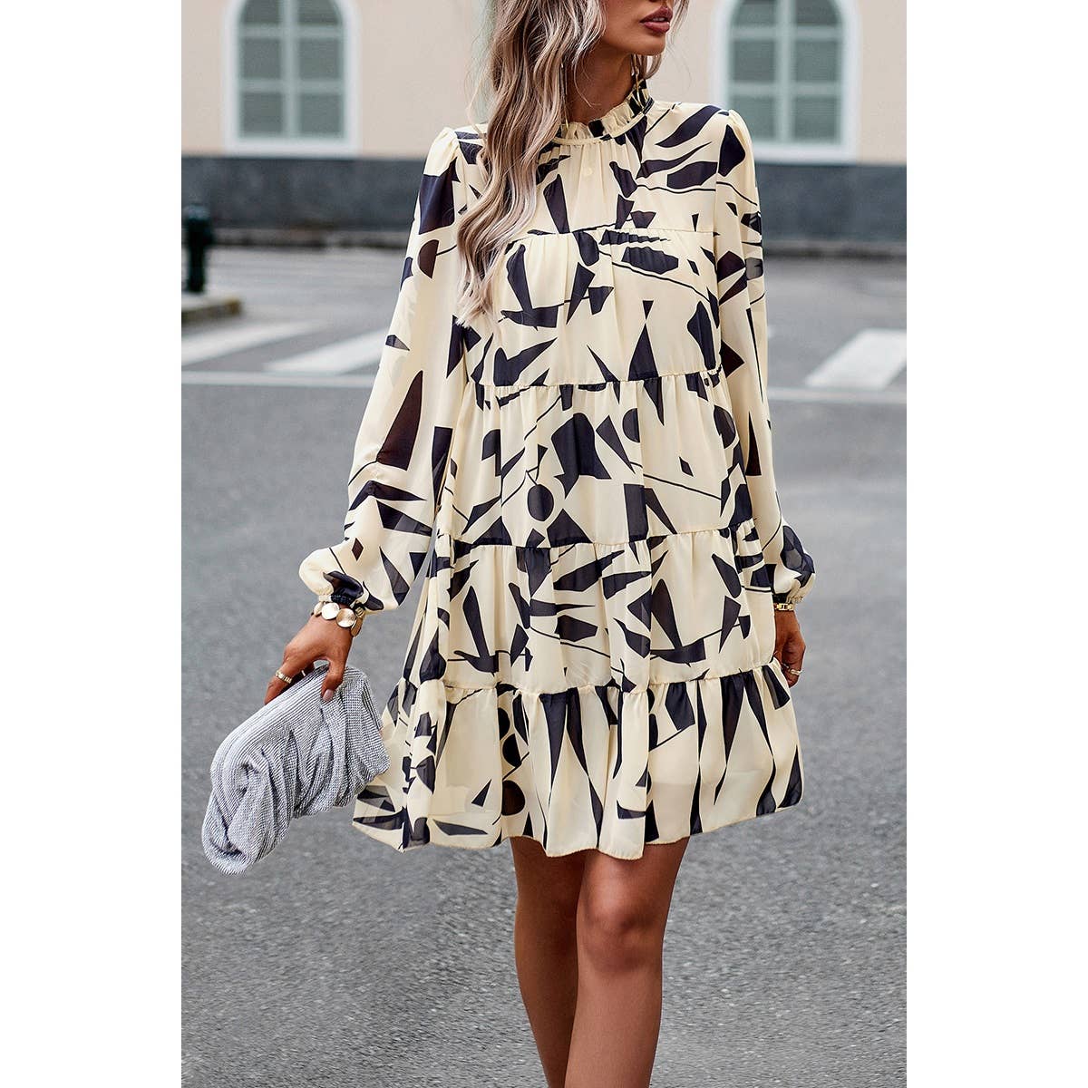Color Block Hem Ruffle Printing Loose Fit Midi Dress - MVTFASHION