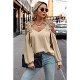 Contrast Low Back Lace Cold Shoulder Top - MVTFASHION