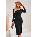 Cross Knot Neck Solid Body Con Fit Midi Dress - MVTFASHION