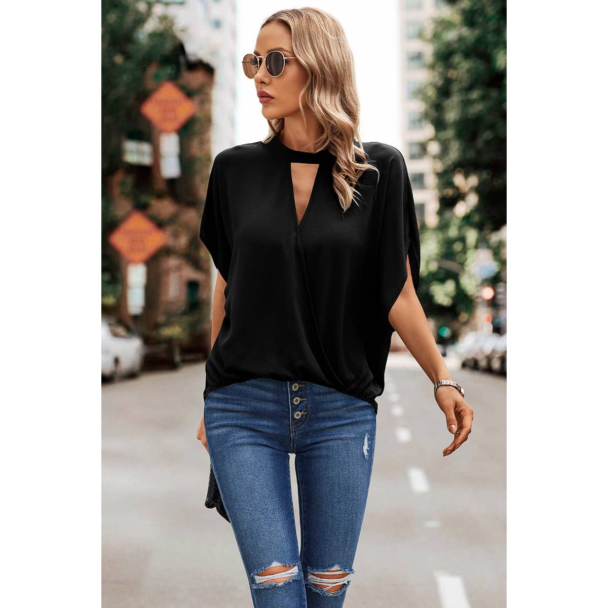 Cut Out V Cross Loose Fit Knot Back Solid Blouse - MVTFASHION