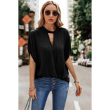 Cut Out V Cross Loose Fit Knot Back Solid Blouse - MVTFASHION