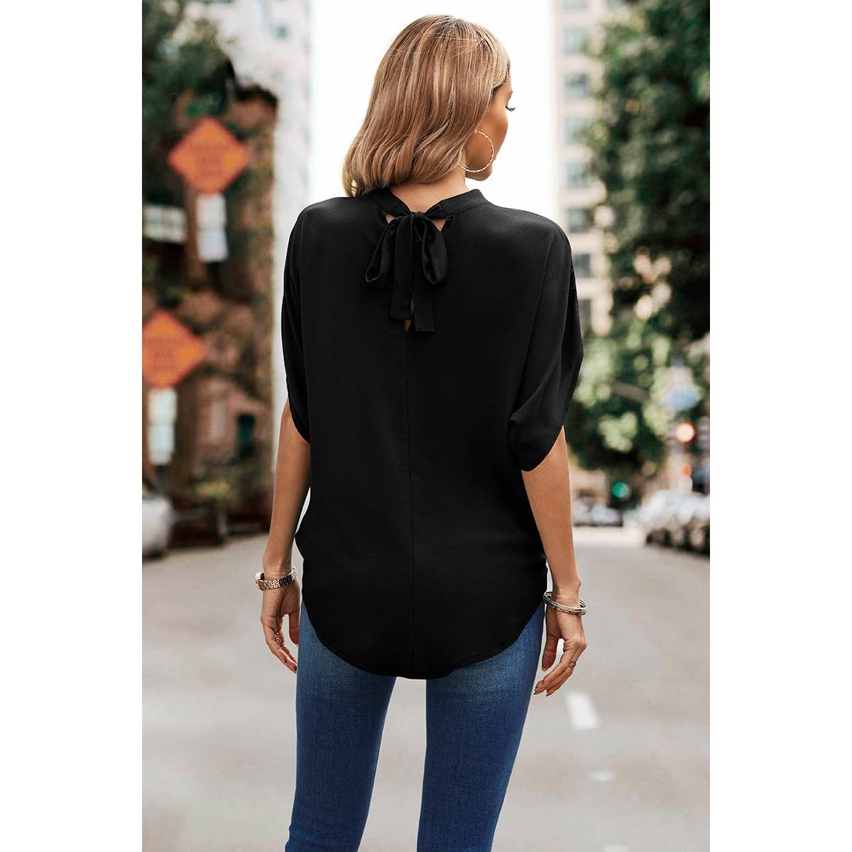 Cut Out V Cross Loose Fit Knot Back Solid Blouse - MVTFASHION