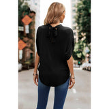 Cut Out V Cross Loose Fit Knot Back Solid Blouse - MVTFASHION