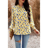 Ditsy Floral Ruffle Trim Mock Neck Blouse - MVTFASHION