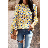 Ditsy Floral Ruffle Trim Mock Neck Blouse - MVTFASHION