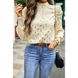 Dot Print Puff Sleeves Mock Neck Loose Fit Blouse - MVTFASHION