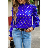 Dot Print Puff Sleeves Mock Neck Loose Fit Blouse - MVTFASHION