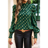 Dot Print Puff Sleeves Mock Neck Loose Fit Blouse - MVTFASHION