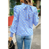 Dot Print Puff Sleeves Mock Neck Loose Fit Blouse - MVTFASHION