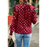 Dot Print Puff Sleeves Mock Neck Loose Fit Blouse - MVTFASHION