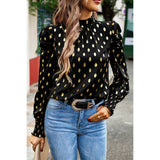 Dot Print Puff Sleeves Mock Neck Loose Fit Blouse - MVTFASHION