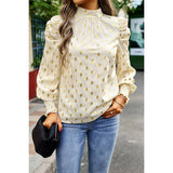 Dot Print Puff Sleeves Mock Neck Loose Fit Blouse - MVTFASHION