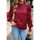 Dot Print Puff Sleeves Mock Neck Loose Fit Blouse - MVTFASHION