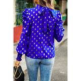 Dot Print Puff Sleeves Mock Neck Loose Fit Blouse - MVTFASHION