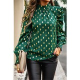 Dot Print Puff Sleeves Mock Neck Loose Fit Blouse - MVTFASHION