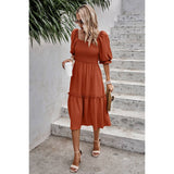 Dot Square Neck Smocked Waist Flowy Tiered Dress - MVTFASHION