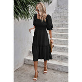 Dot Square Neck Smocked Waist Flowy Tiered Dress - MVTFASHION