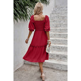 Dot Square Neck Smocked Waist Flowy Tiered Dress - MVTFASHION