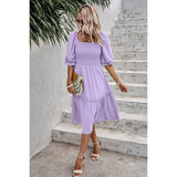 Dot Square Neck Smocked Waist Flowy Tiered Dress - MVTFASHION