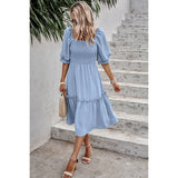 Dot Square Neck Smocked Waist Flowy Tiered Dress - MVTFASHION