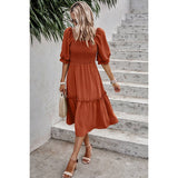 Dot Square Neck Smocked Waist Flowy Tiered Dress - MVTFASHION