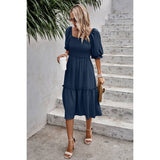 Dot Square Neck Smocked Waist Flowy Tiered Dress - MVTFASHION