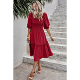 Dot Square Neck Smocked Waist Flowy Tiered Dress - MVTFASHION